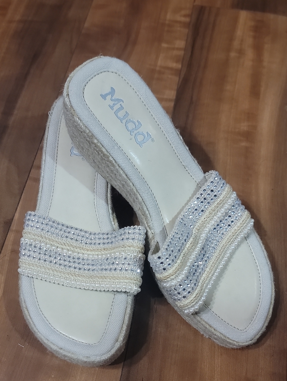 Mudd Cream Beaded Espadrille Wedge Mules